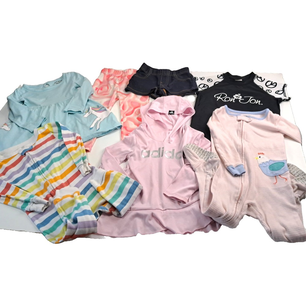 Lot Of 7 Baby Girl 2T Clothing UA Carter's Jumping‎ Beans Adidas Ron Jon Unicorn